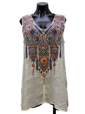 Johnny Was Embroidered Sleeveless Blouse White Multi M